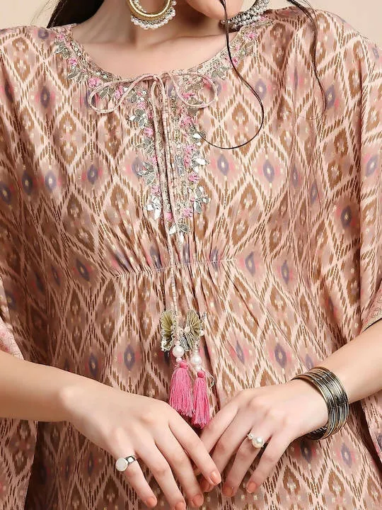 Anubhutee Pink & Brown Printed Kaftan Kurta With Trousers