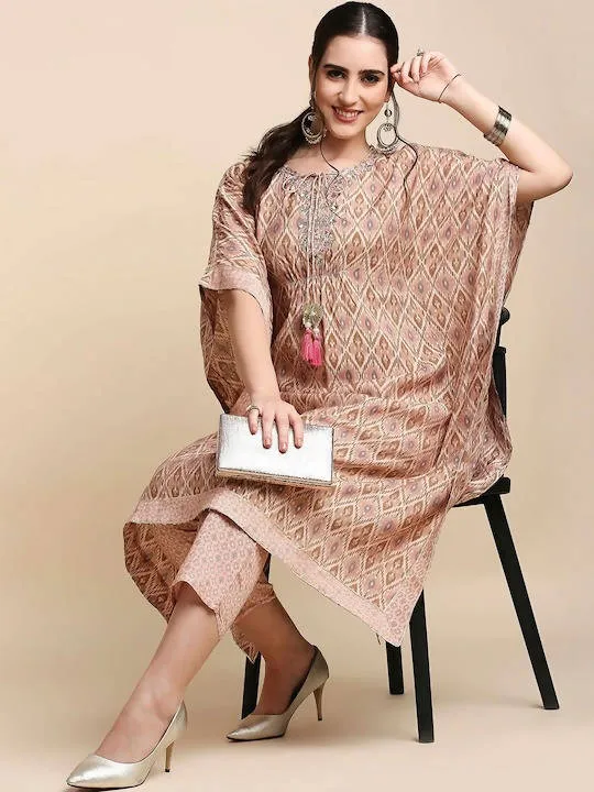 Anubhutee Pink & Brown Printed Kaftan Kurta With Trousers