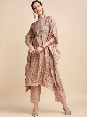 Anubhutee Pink & Brown Printed Kaftan Kurta With Trousers