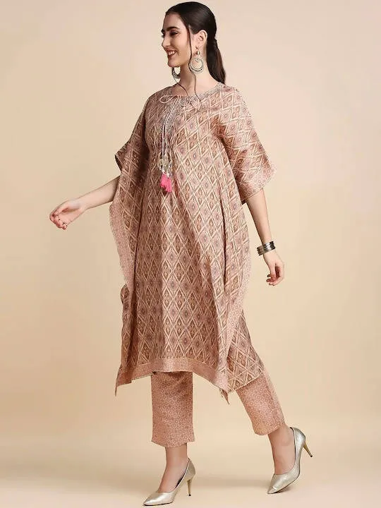 Anubhutee Pink & Brown Printed Kaftan Kurta With Trousers