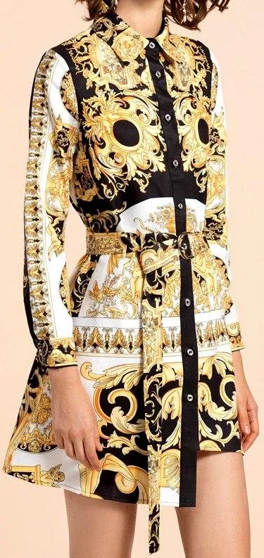 Baroque Print Asymmetrical Shirt Dress