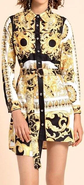 Baroque Print Asymmetrical Shirt Dress