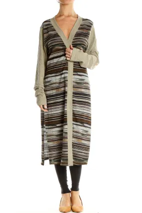 Beige Brown Striped Long Cardigan