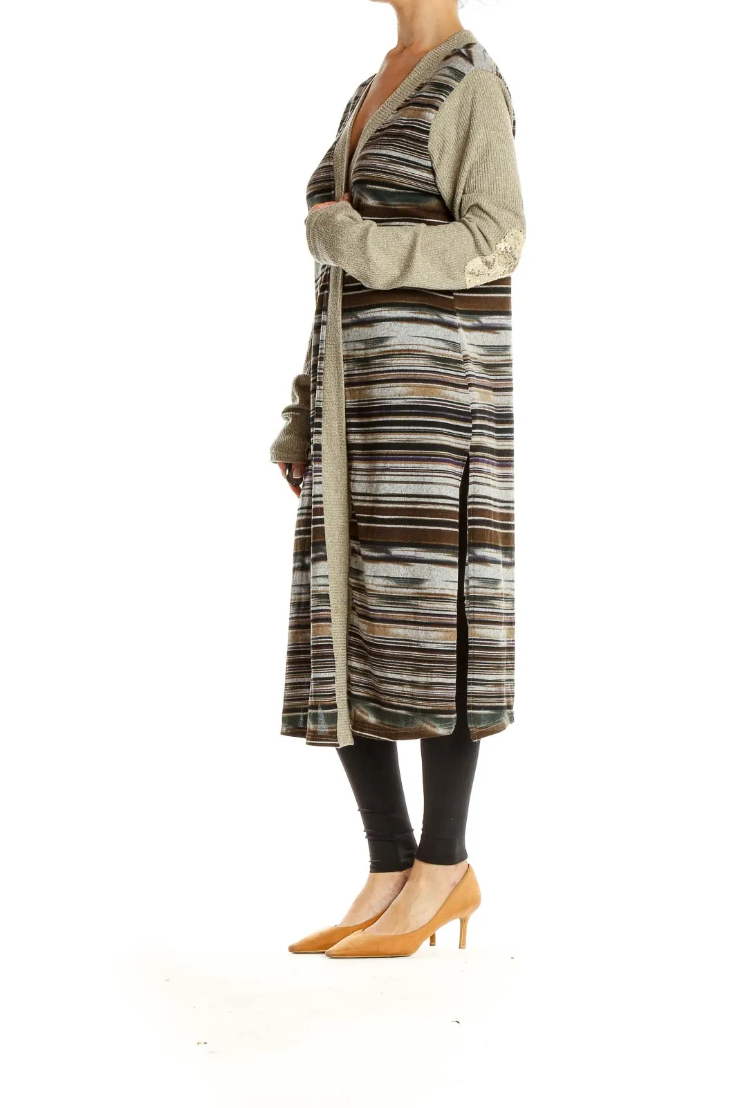 Beige Brown Striped Long Cardigan