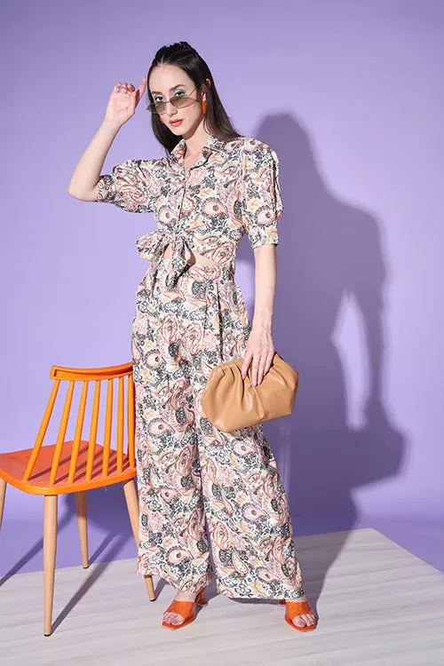 Beige Printed Shirt With Trouser Co-Ord Set