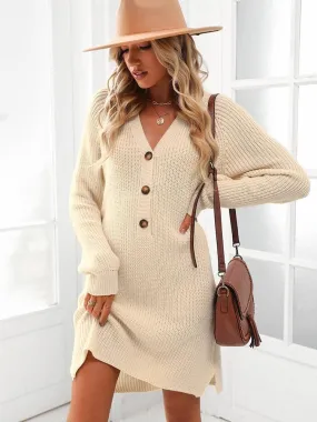 Beige V-Neck Button Long Sleeve Loose Sweater Dress