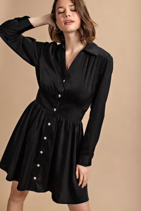 Black Satin Button Down Shirt Dress With Jeweled Buttons