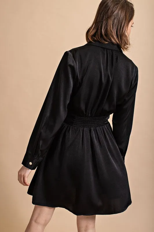 Black Satin Button Down Shirt Dress With Jeweled Buttons