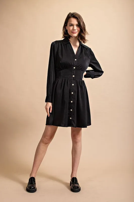 Black Satin Button Down Shirt Dress With Jeweled Buttons