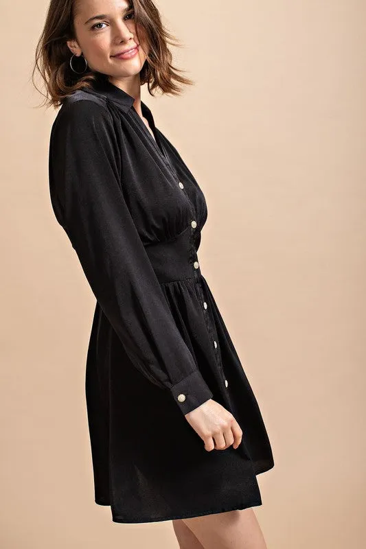 Black Satin Button Down Shirt Dress With Jeweled Buttons