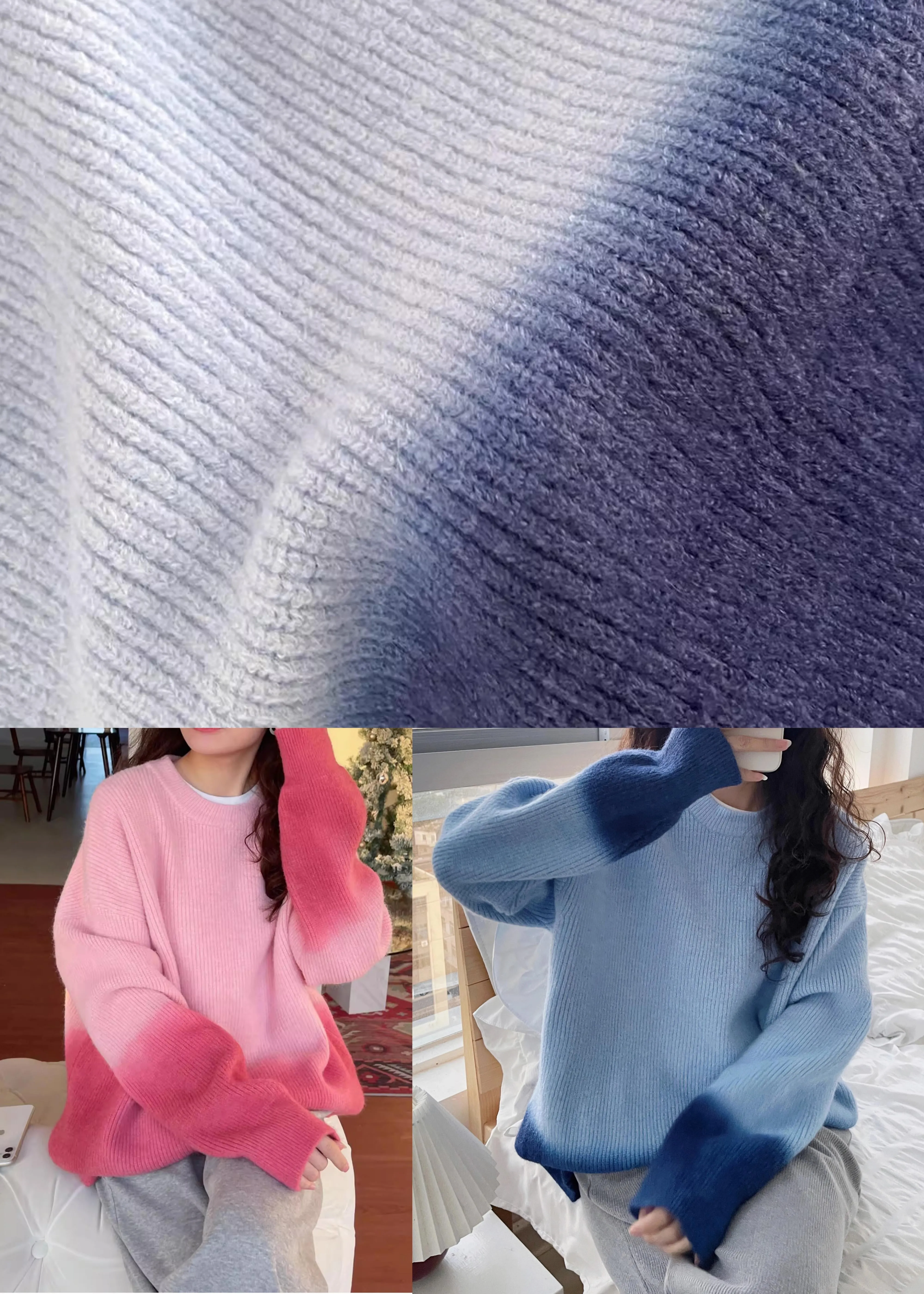 Blue O-Neck Cozy Cotton Knit Sweaters Batwing Sleeve RK018