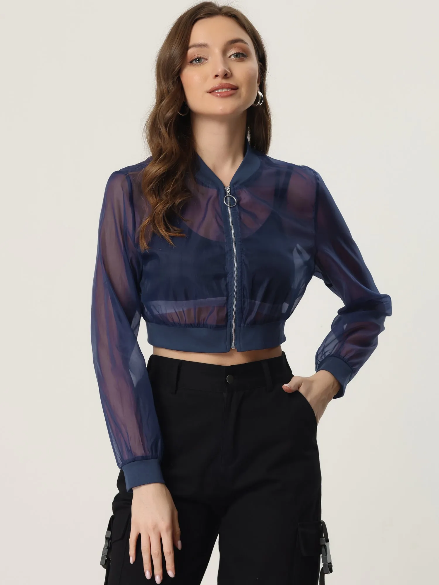 Bomber Long Sleeve Crop Mesh Sheer Zip Up Jackets