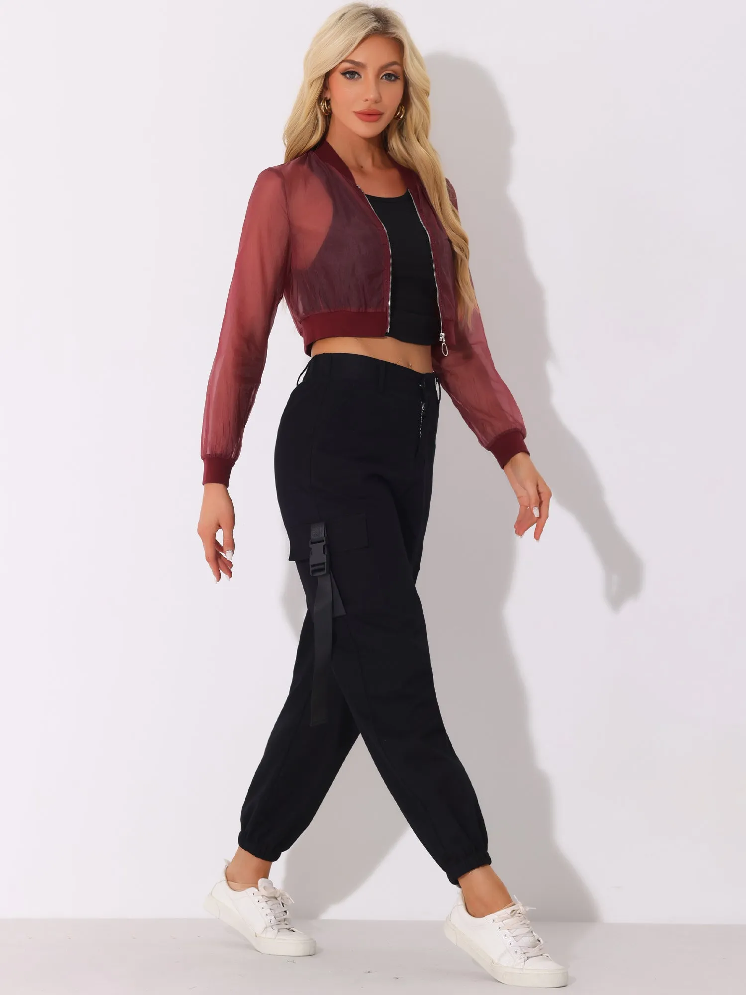 Bomber Long Sleeve Crop Mesh Sheer Zip Up Jackets