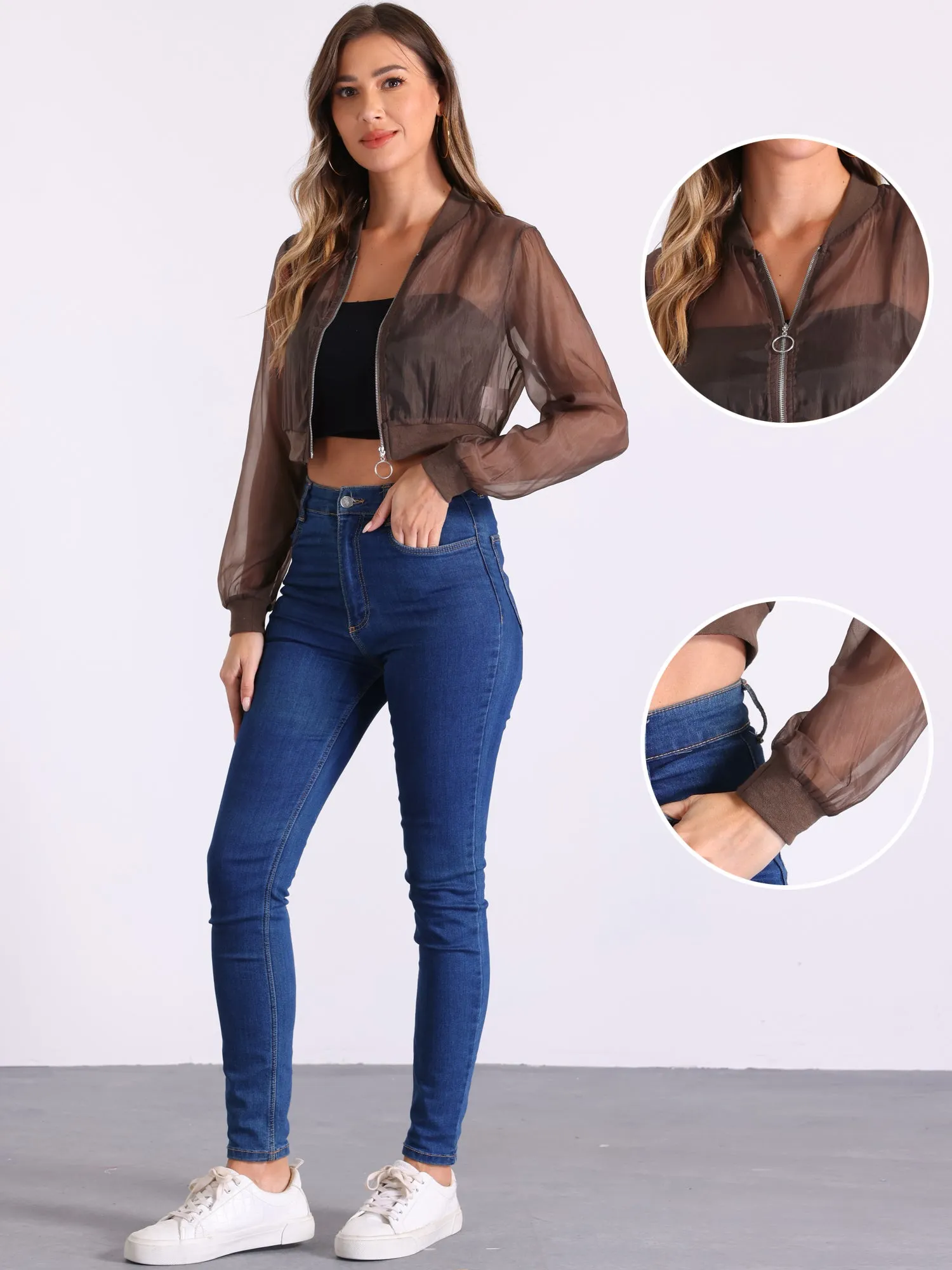 Bomber Long Sleeve Crop Mesh Sheer Zip Up Jackets