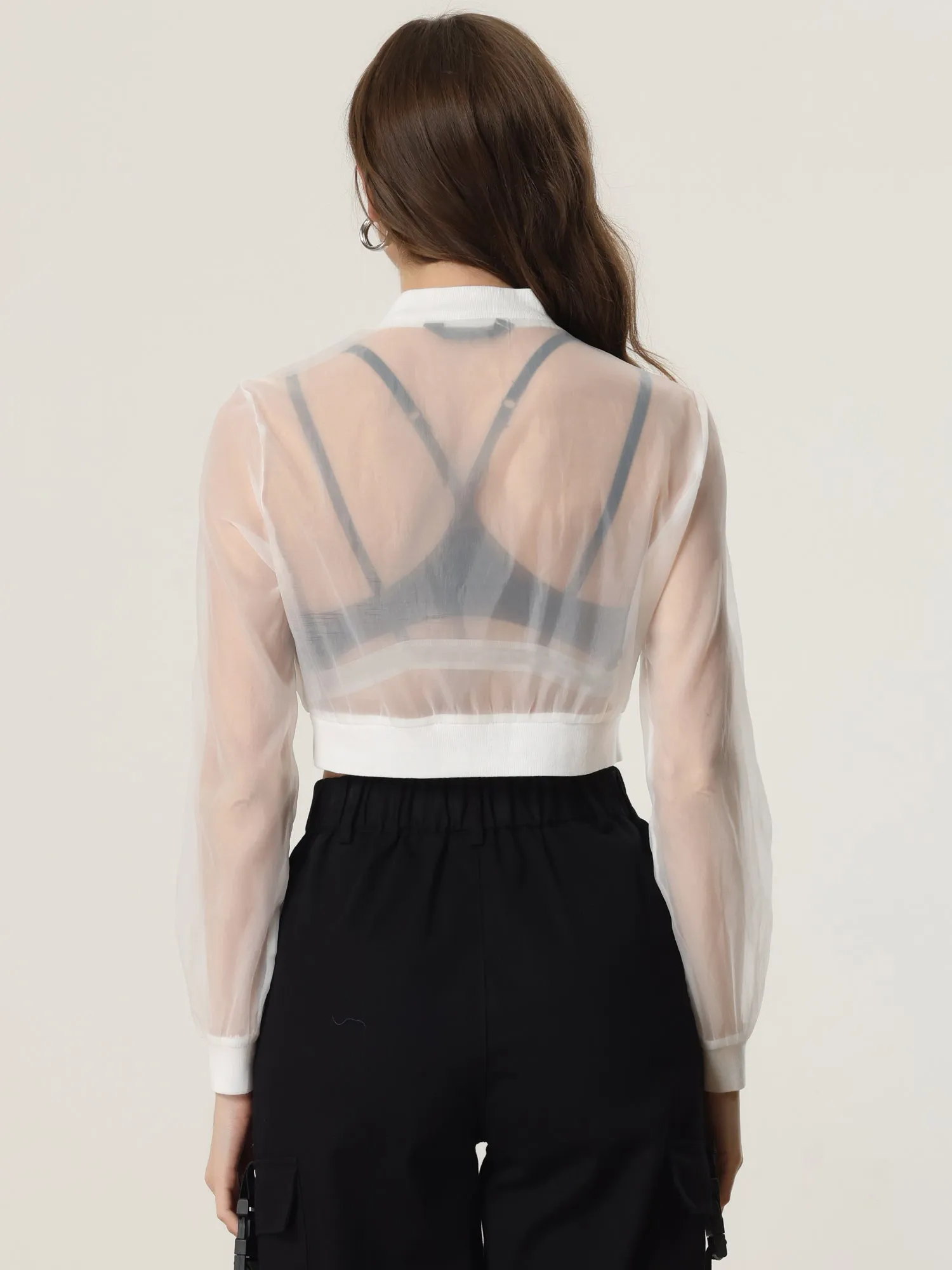 Bomber Long Sleeve Crop Mesh Sheer Zip Up Jackets