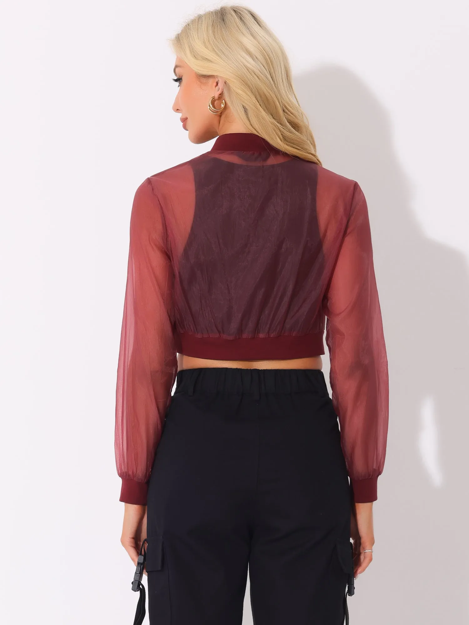 Bomber Long Sleeve Crop Mesh Sheer Zip Up Jackets