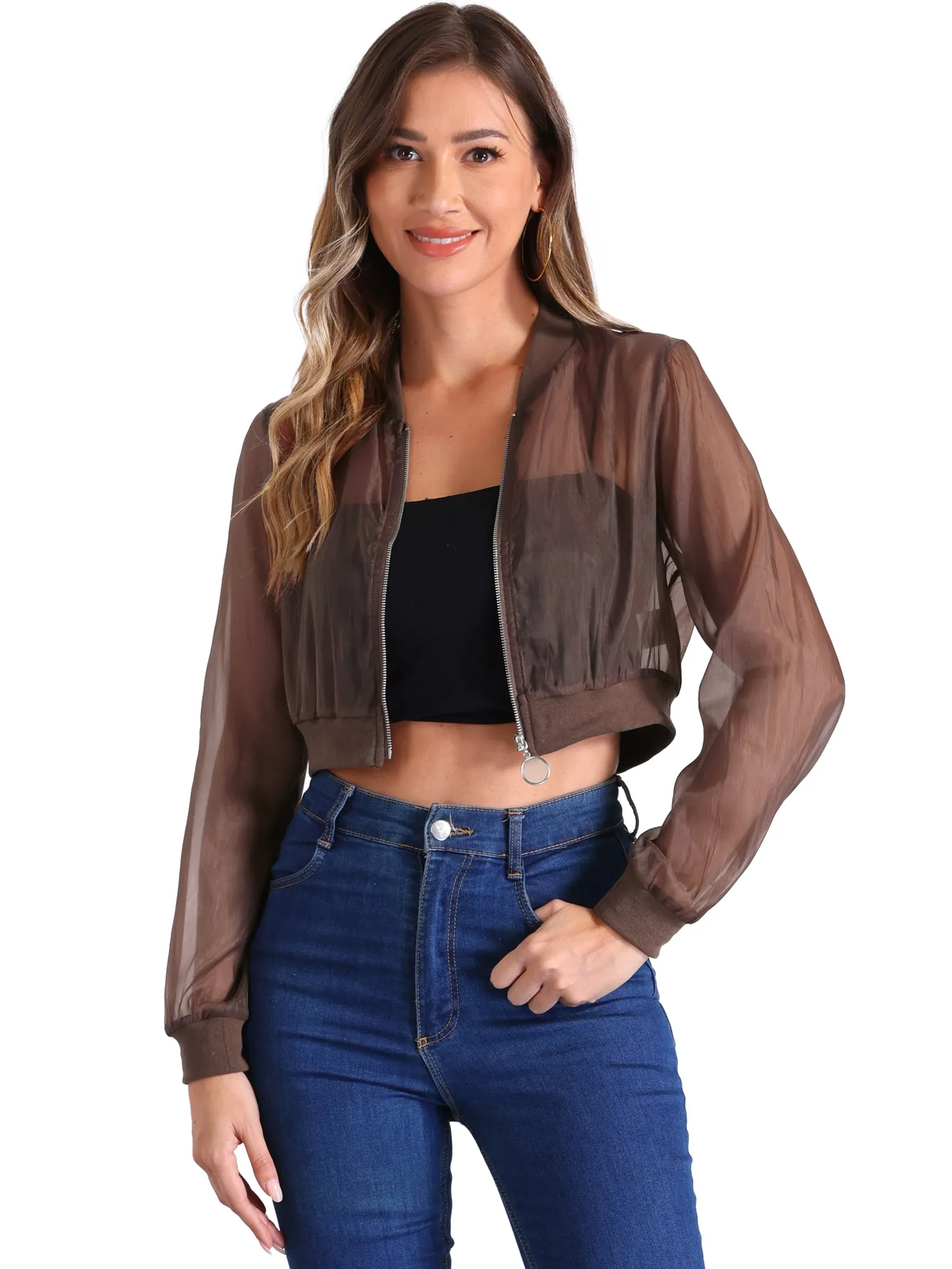 Bomber Long Sleeve Crop Mesh Sheer Zip Up Jackets