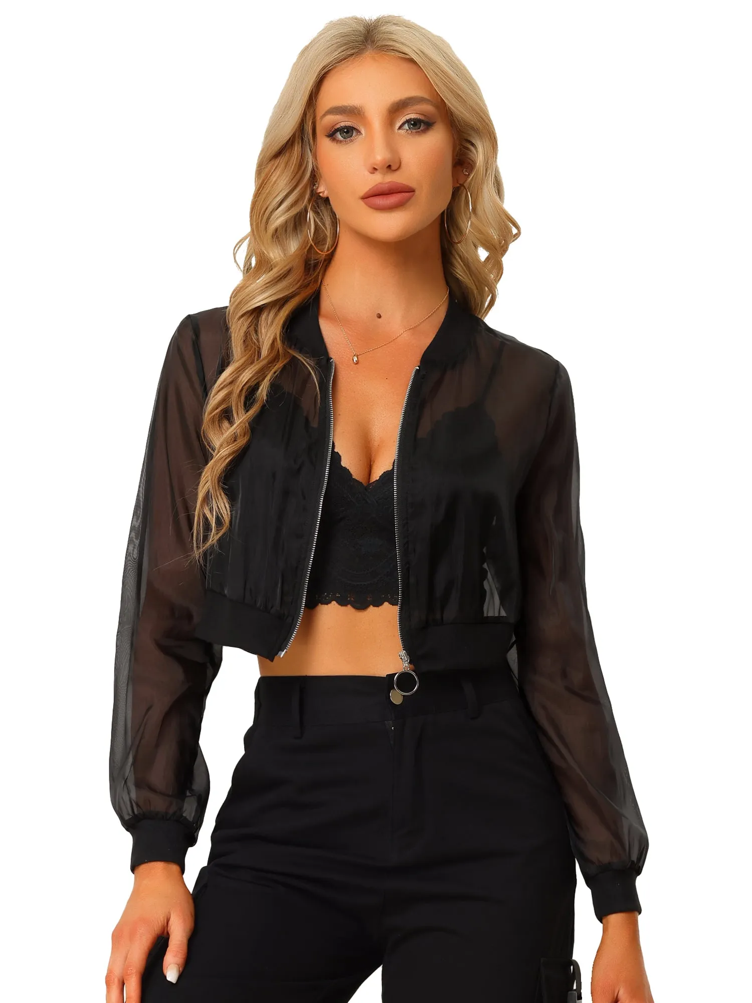 Bomber Long Sleeve Crop Mesh Sheer Zip Up Jackets