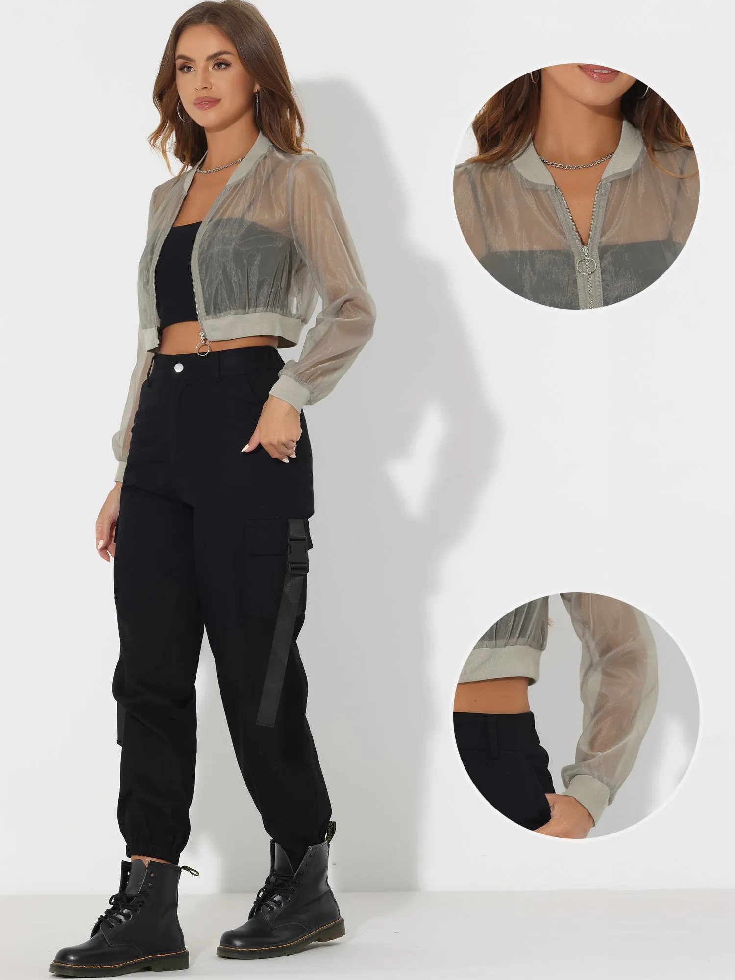 Bomber Long Sleeve Crop Mesh Sheer Zip Up Jackets