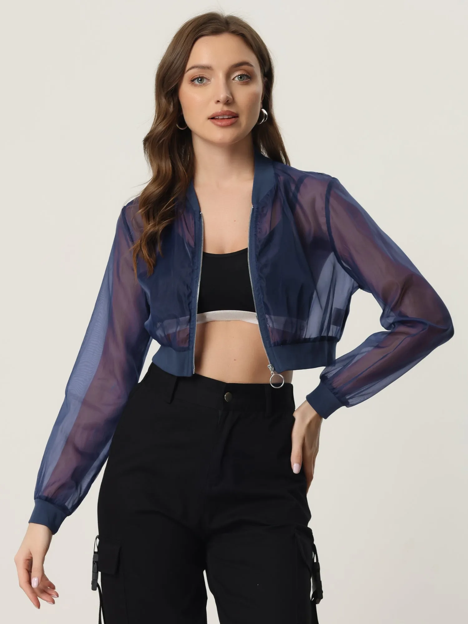 Bomber Long Sleeve Crop Mesh Sheer Zip Up Jackets