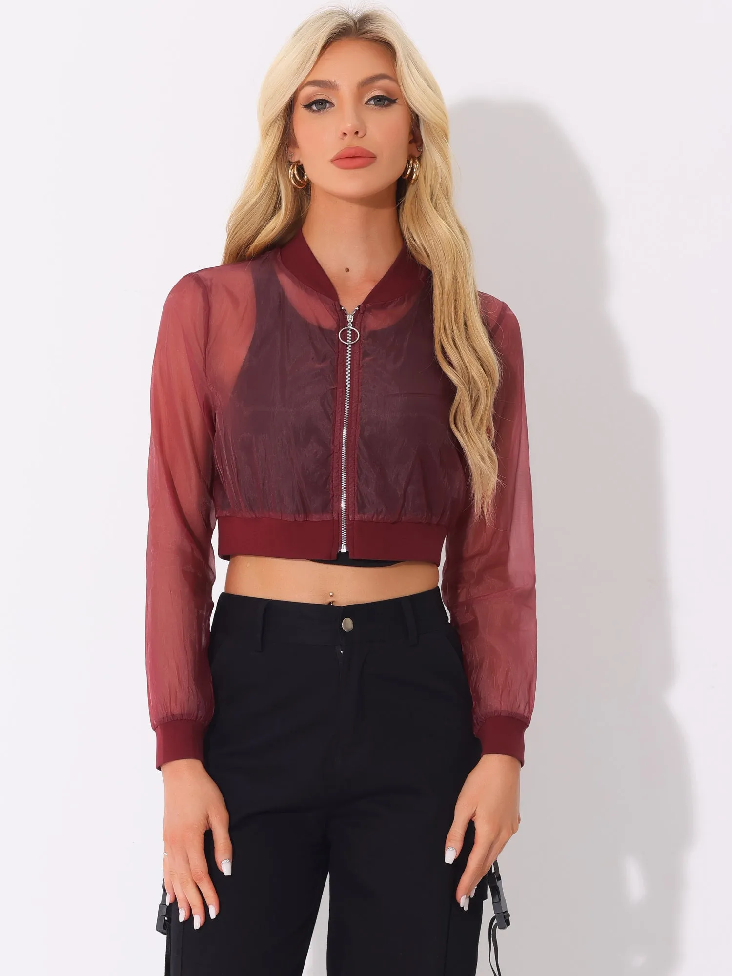 Bomber Long Sleeve Crop Mesh Sheer Zip Up Jackets