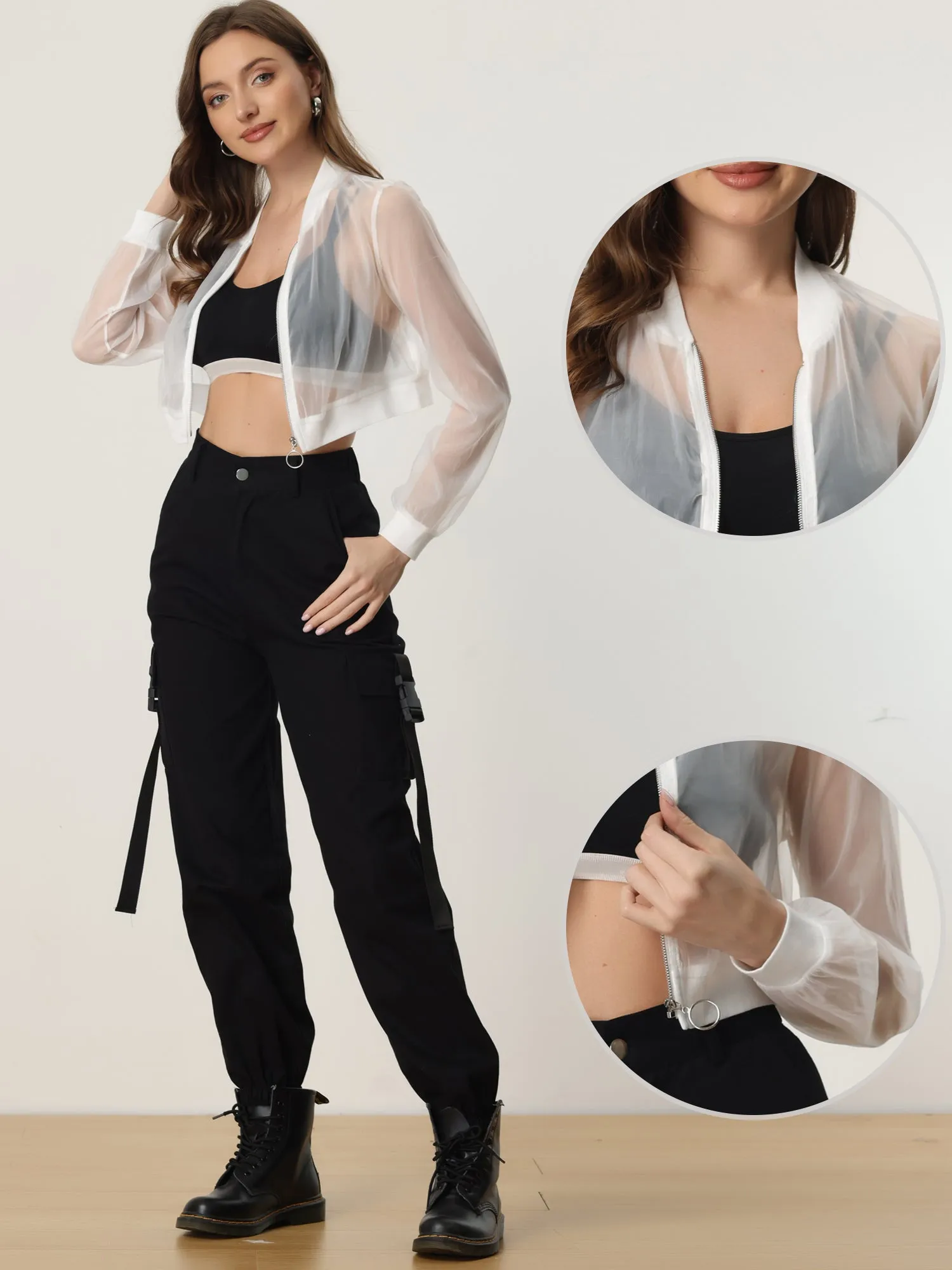 Bomber Long Sleeve Crop Mesh Sheer Zip Up Jackets