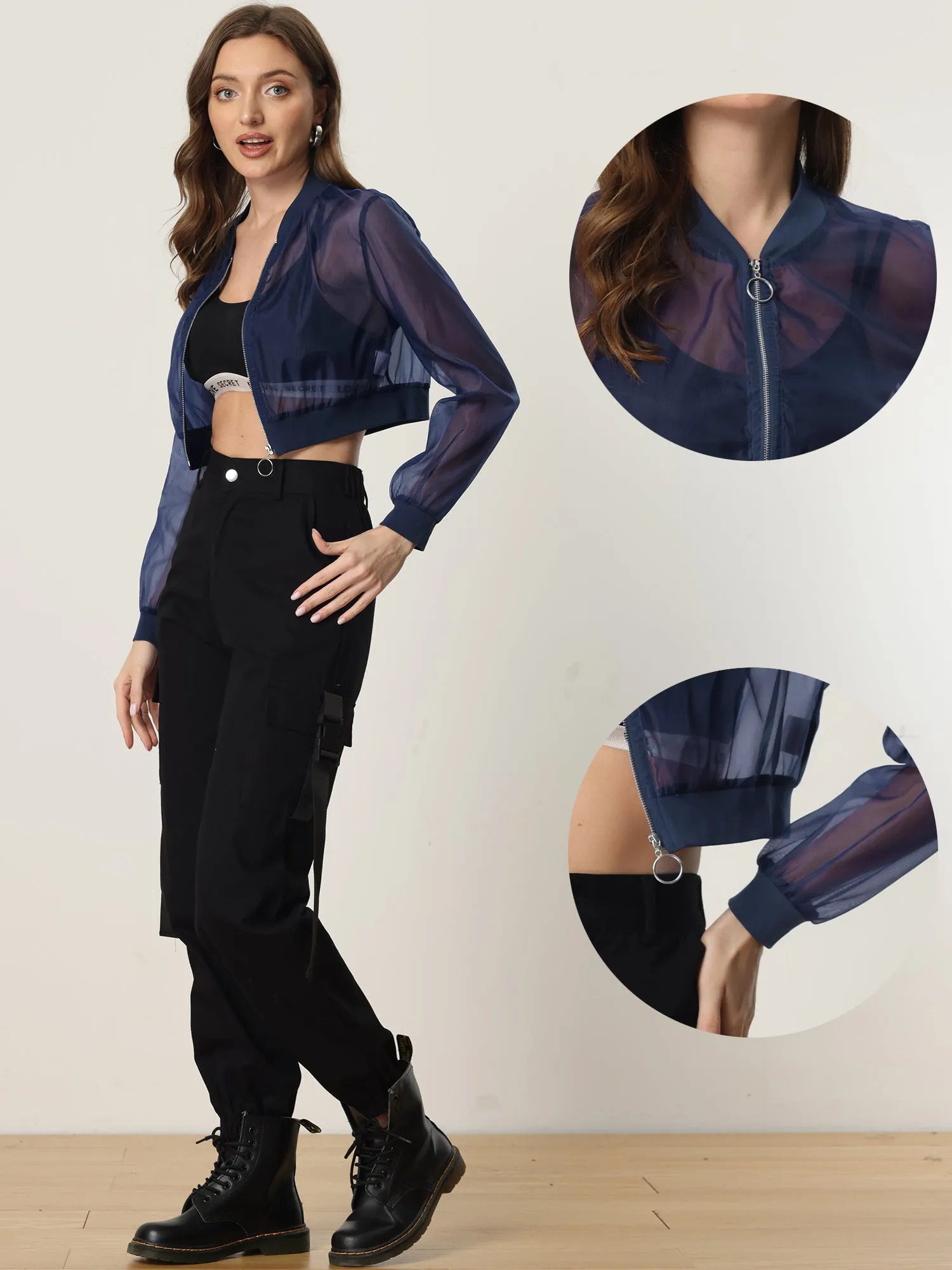 Bomber Long Sleeve Crop Mesh Sheer Zip Up Jackets