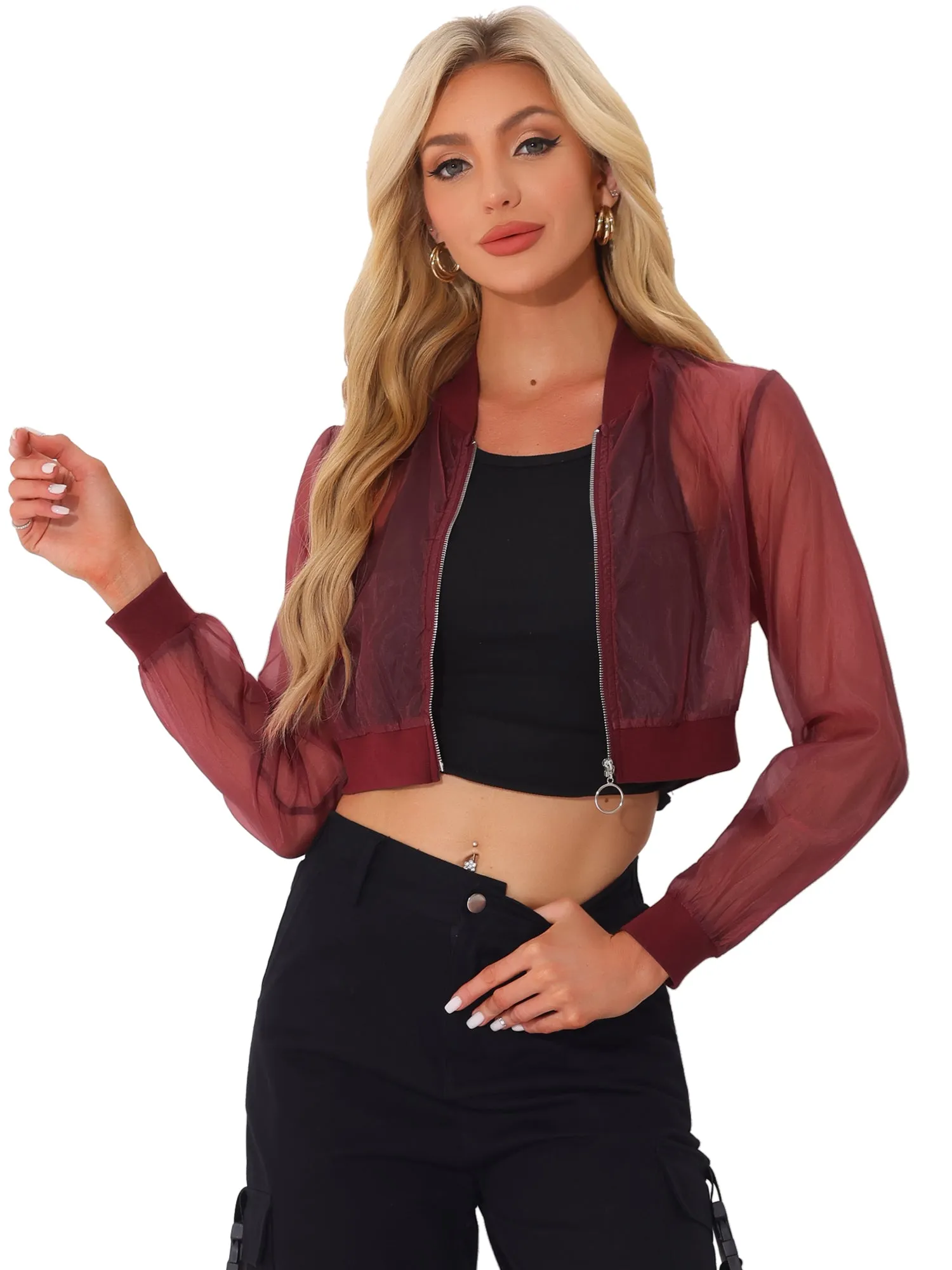 Bomber Long Sleeve Crop Mesh Sheer Zip Up Jackets