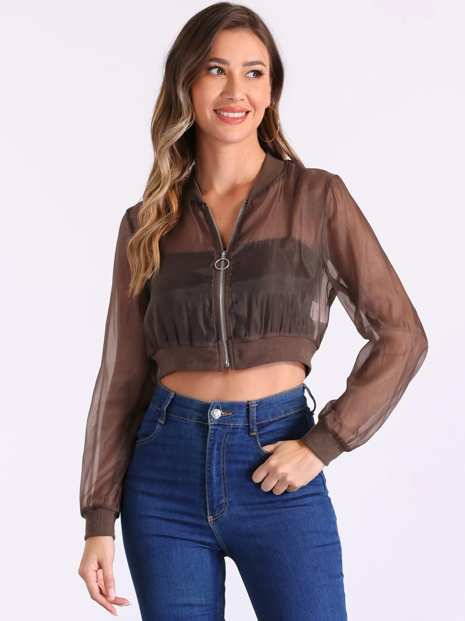 Bomber Long Sleeve Crop Mesh Sheer Zip Up Jackets