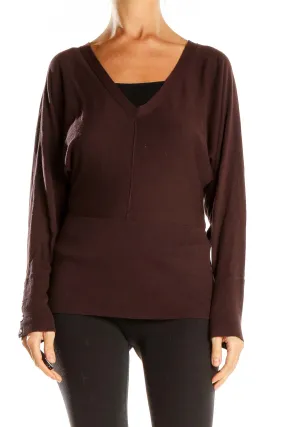 Brown V-Neck Long Sleeve Knit Sweater