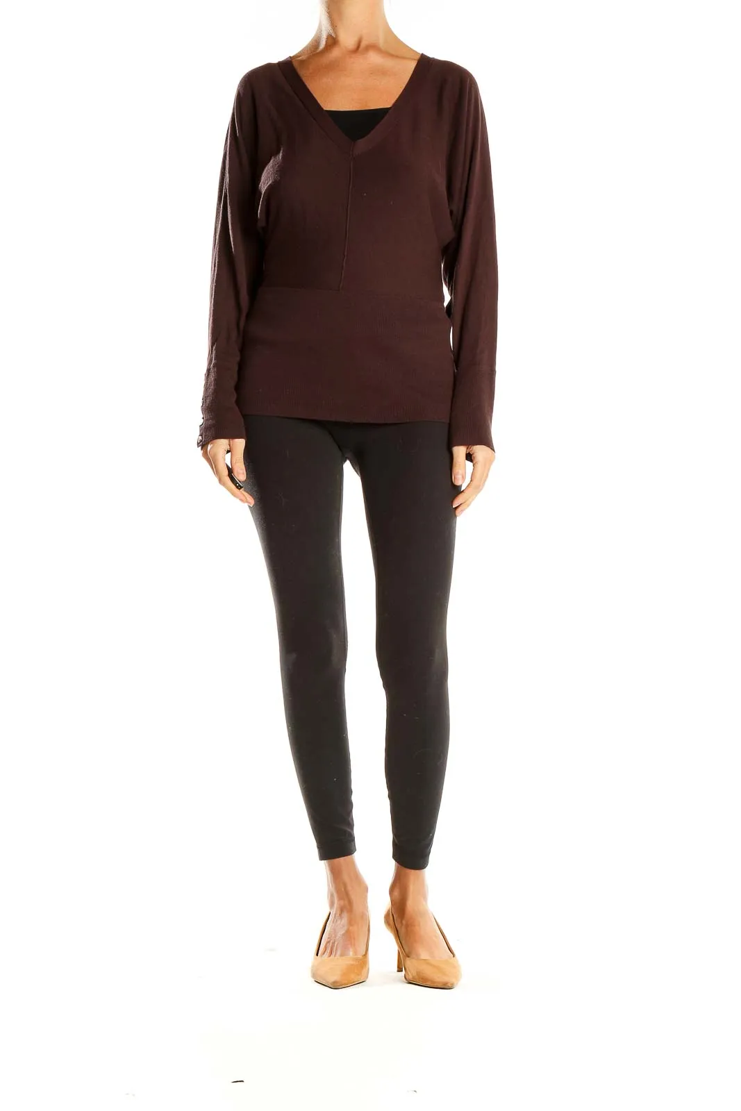 Brown V-Neck Long Sleeve Knit Sweater