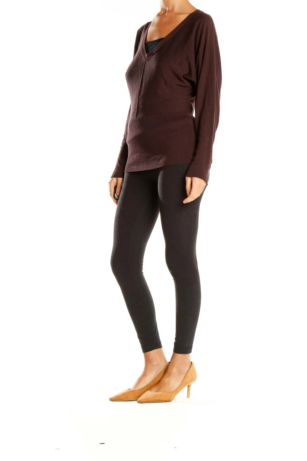 Brown V-Neck Long Sleeve Knit Sweater