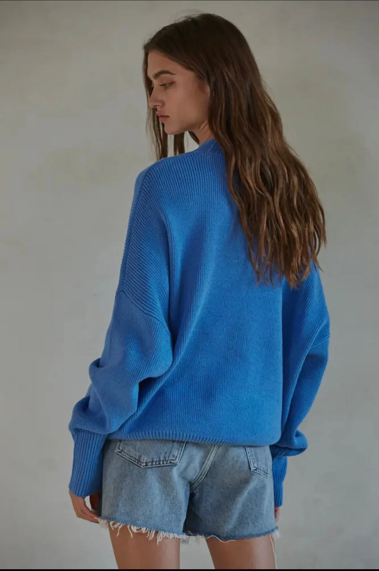 By Together Sea Blue Knit Long Sleeve High Neck Chunky Oversized Sweater