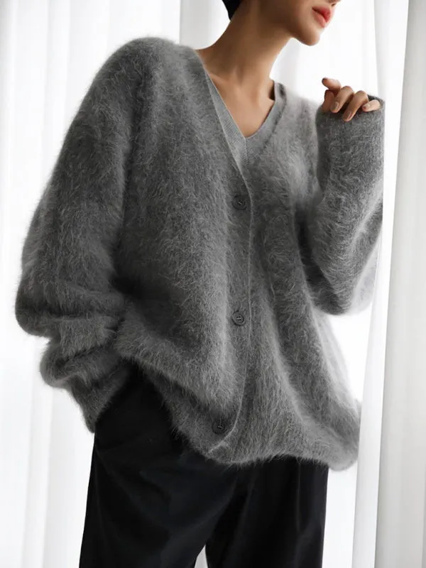 Cardigans - Loose Long Sleeve Long Wool V-neck Sweater