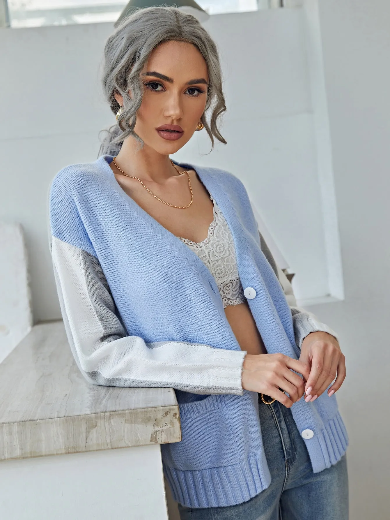 Casual Colorblock Button Front Long Sleeve Regular Women Cardigan