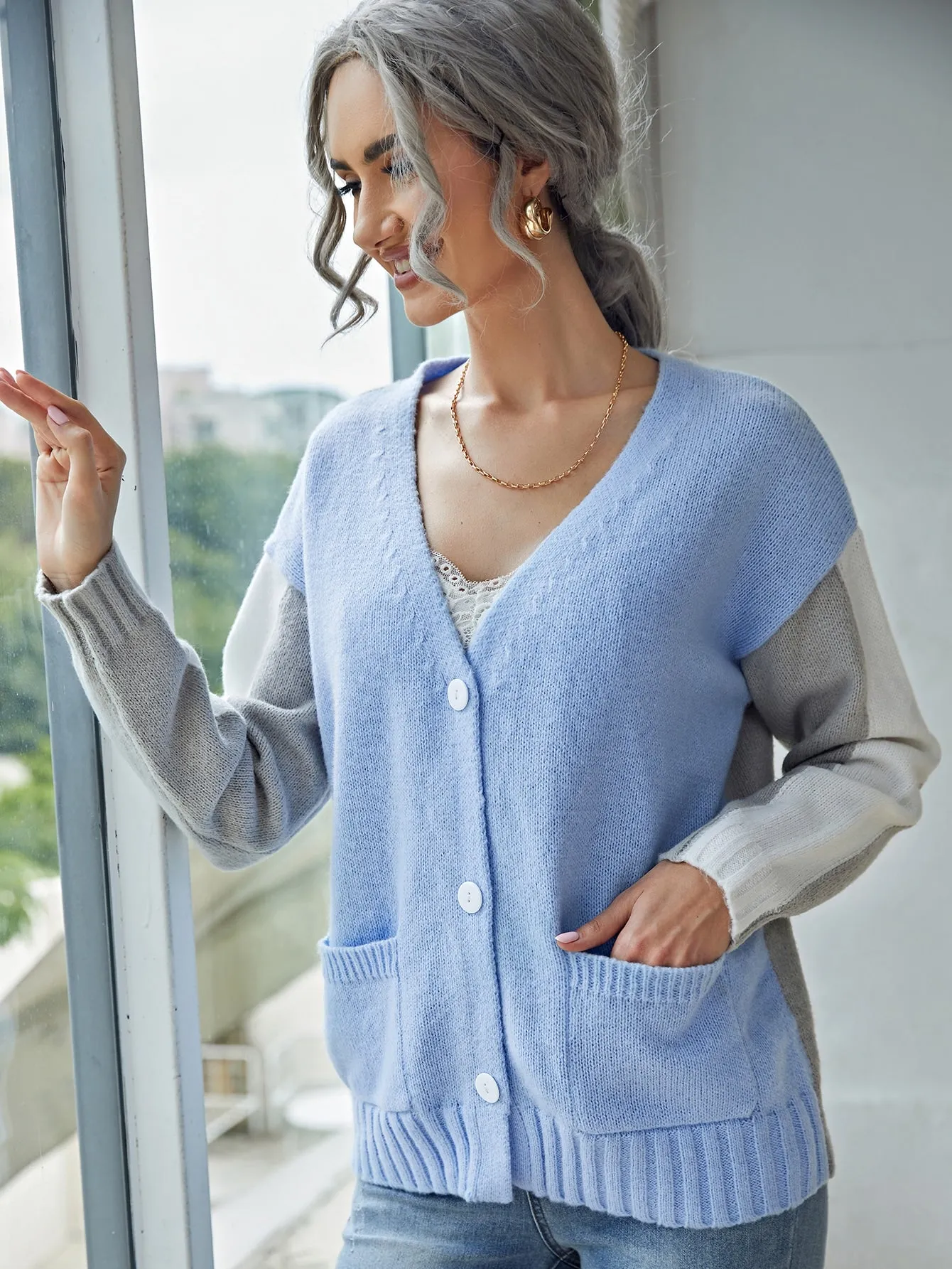 Casual Colorblock Button Front Long Sleeve Regular Women Cardigan