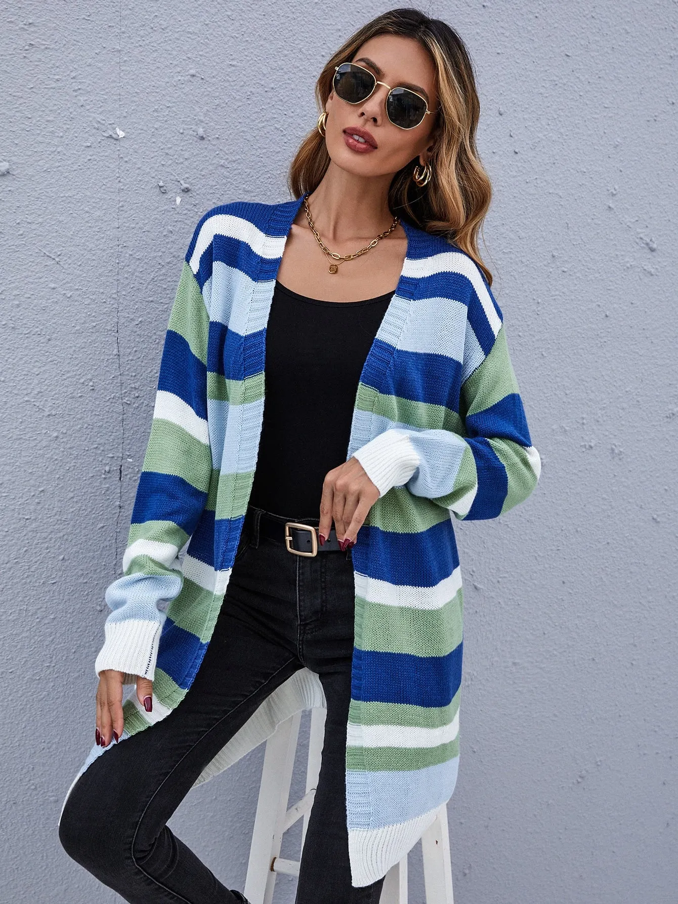 Casual Colorblock Long Sleeve Short Women Cardigan