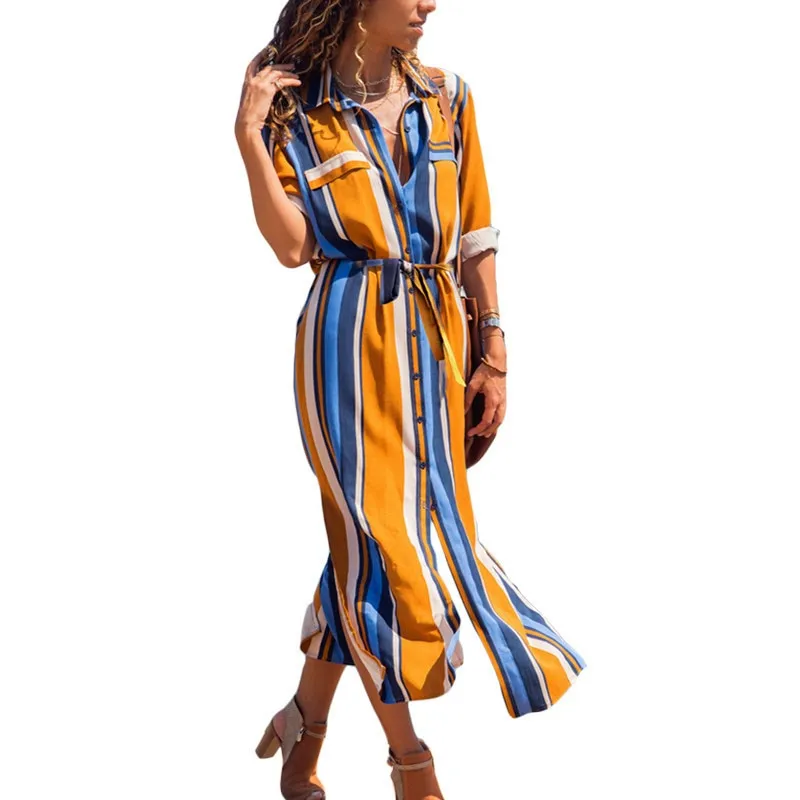 Casual Elegant Ladies' Stripe Print Shirt Dress With Turn Down Collar