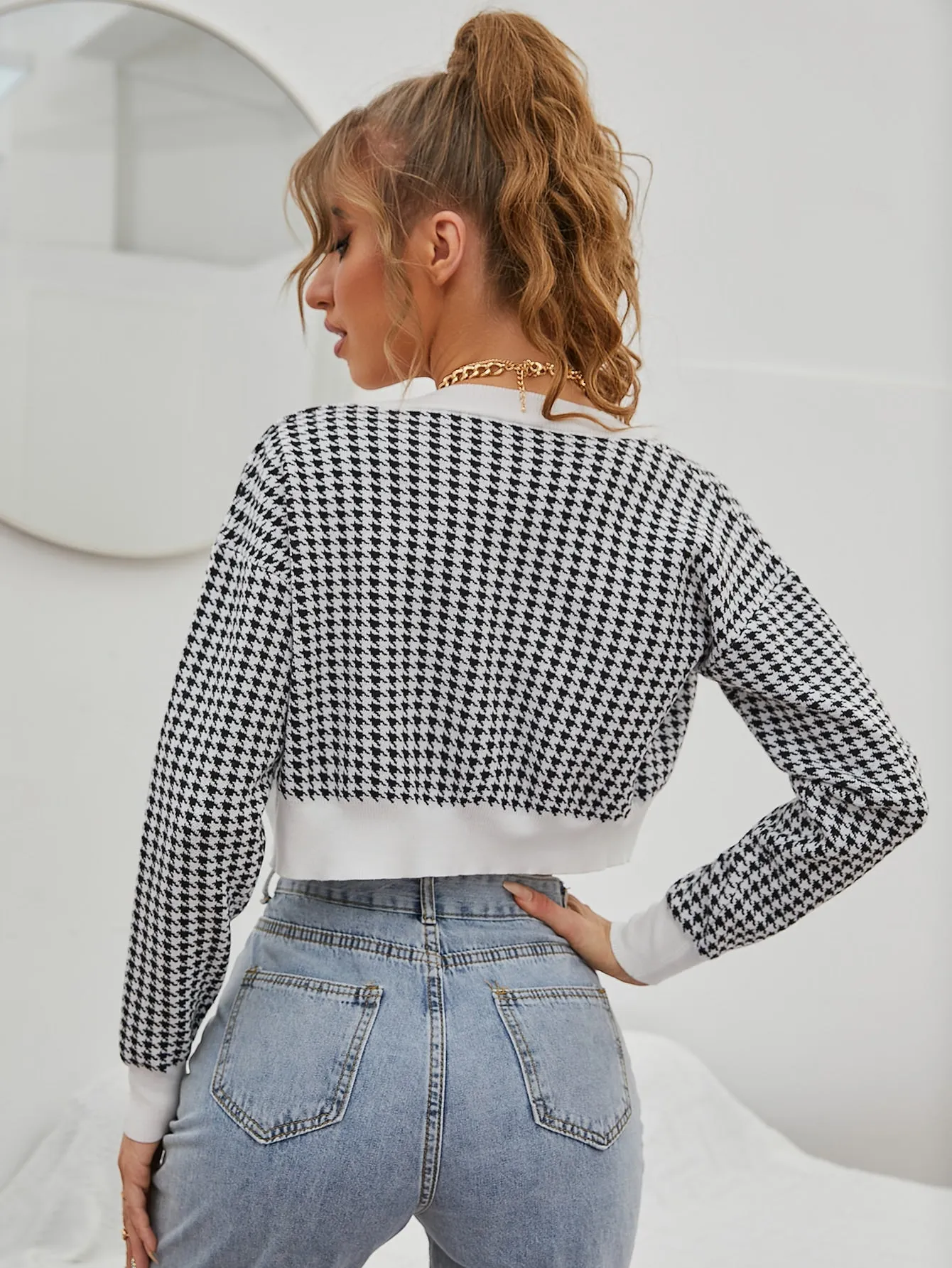 Casual Houndstooth Button Front Long Sleeve V Neck Crop Women Cardigan