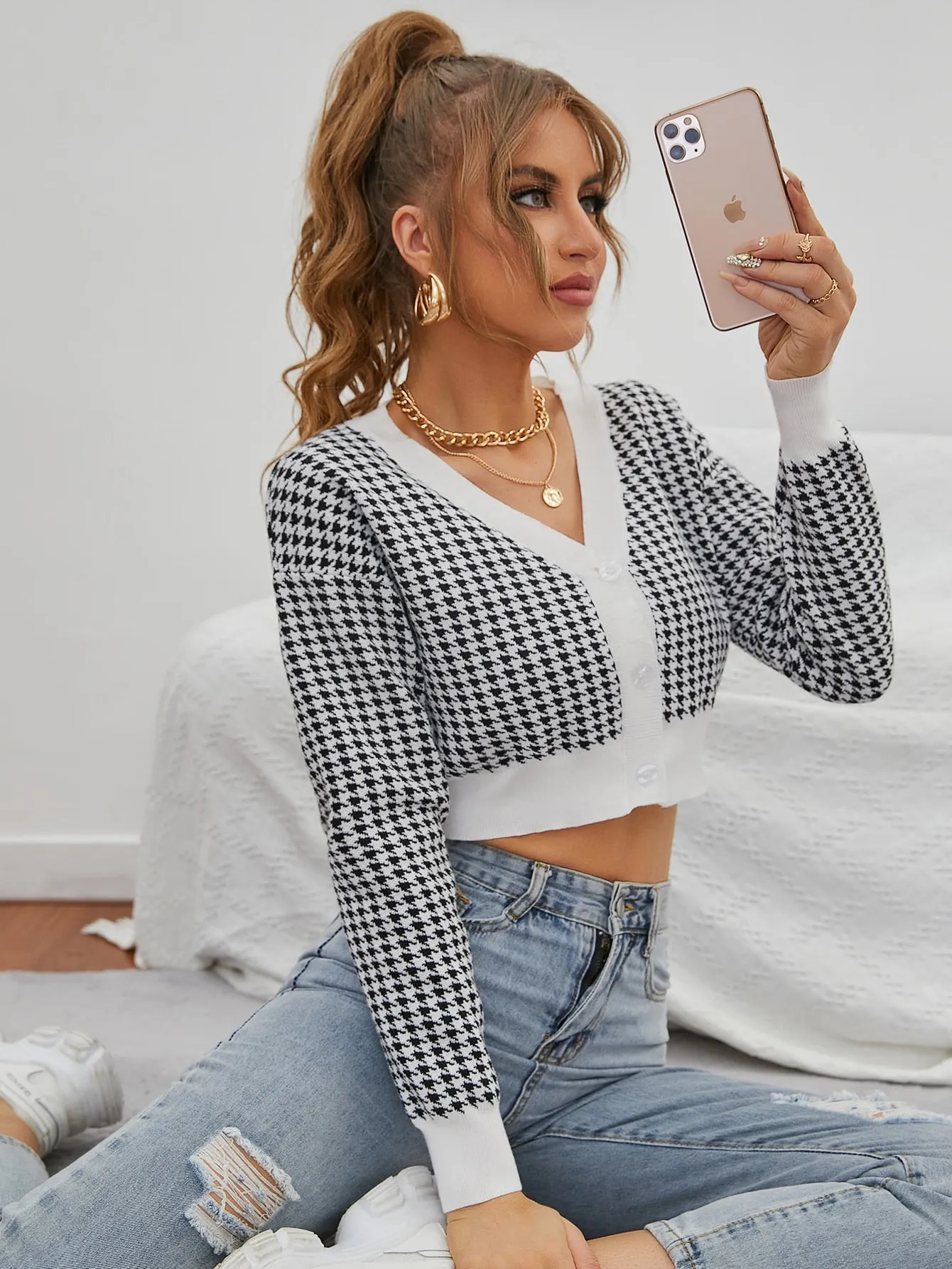 Casual Houndstooth Button Front Long Sleeve V Neck Crop Women Cardigan