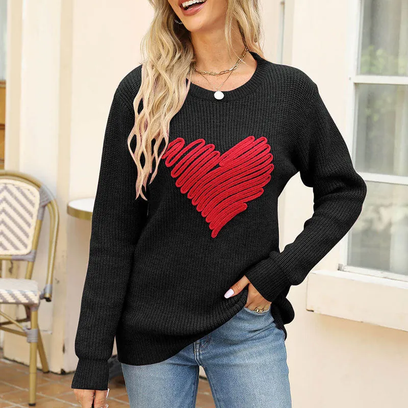 Casual Loose Pullover Sweater Heart Embroidery Chunky Knit Long Sleeve Valentine Sweater