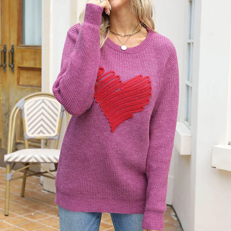 Casual Loose Pullover Sweater Heart Embroidery Chunky Knit Long Sleeve Valentine Sweater