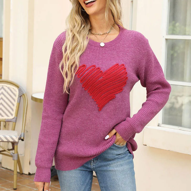 Casual Loose Pullover Sweater Heart Embroidery Chunky Knit Long Sleeve Valentine Sweater