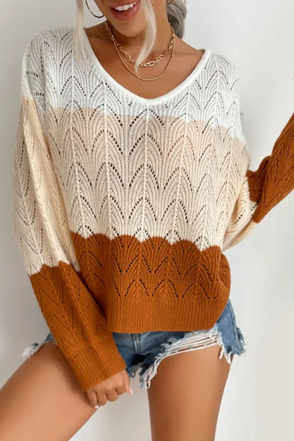 Casual Patchwork Hollowed Out Contrast V Neck Sweaters