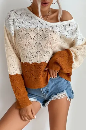 Casual Patchwork Hollowed Out Contrast V Neck Sweaters