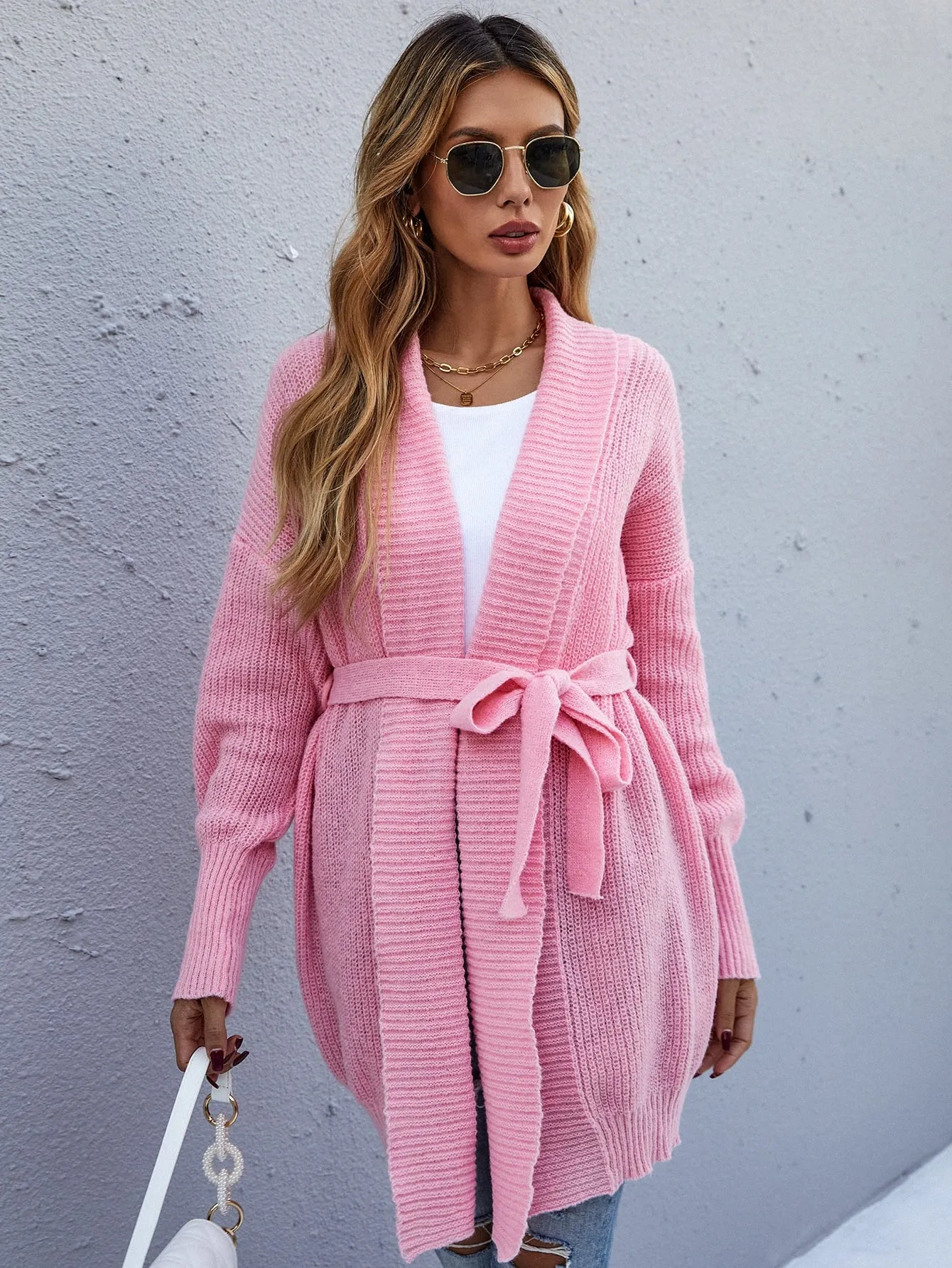 Casual Plain Rib-Knit Long Sleeve Short Women Cardigan