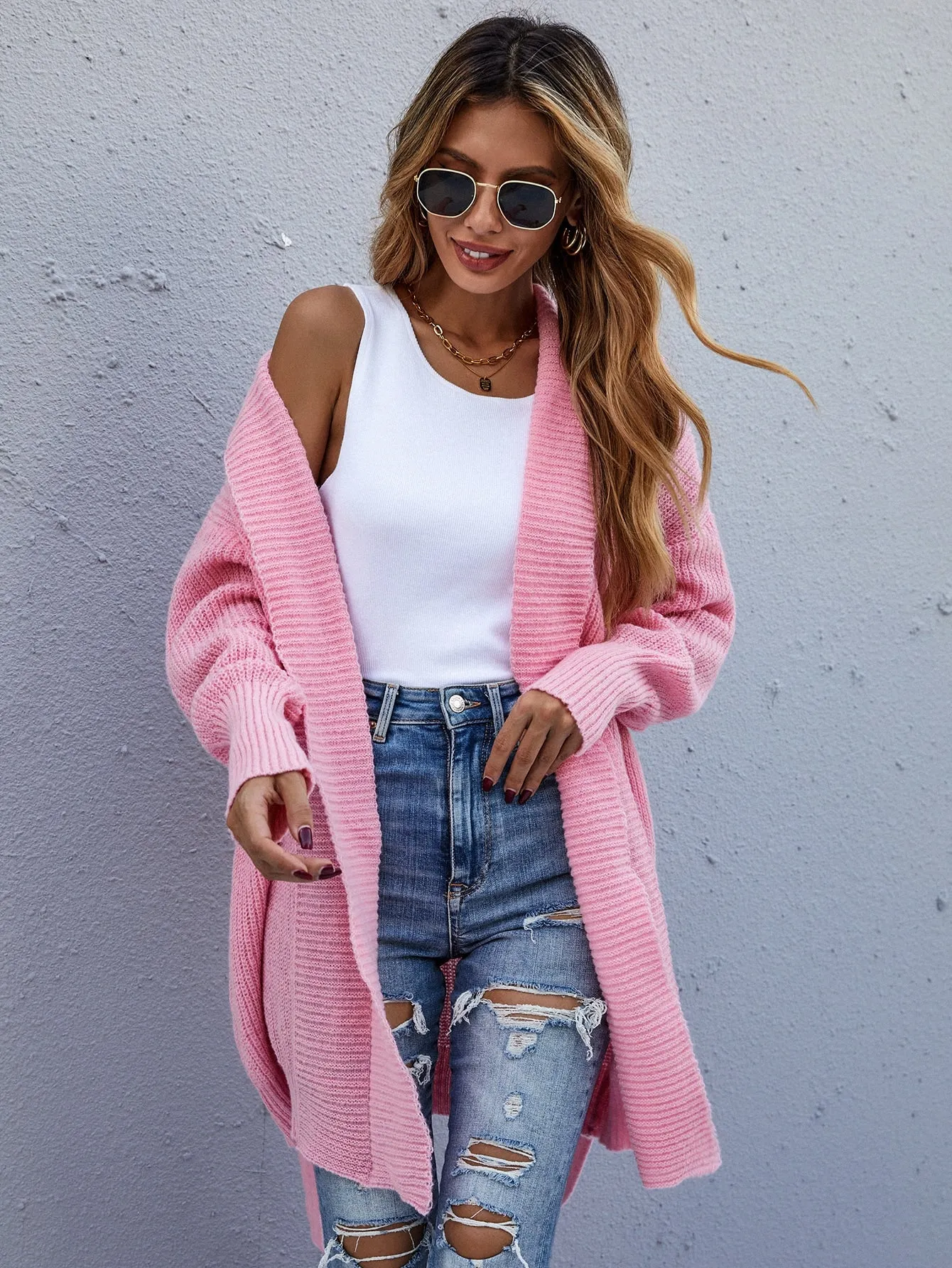 Casual Plain Rib-Knit Long Sleeve Short Women Cardigan