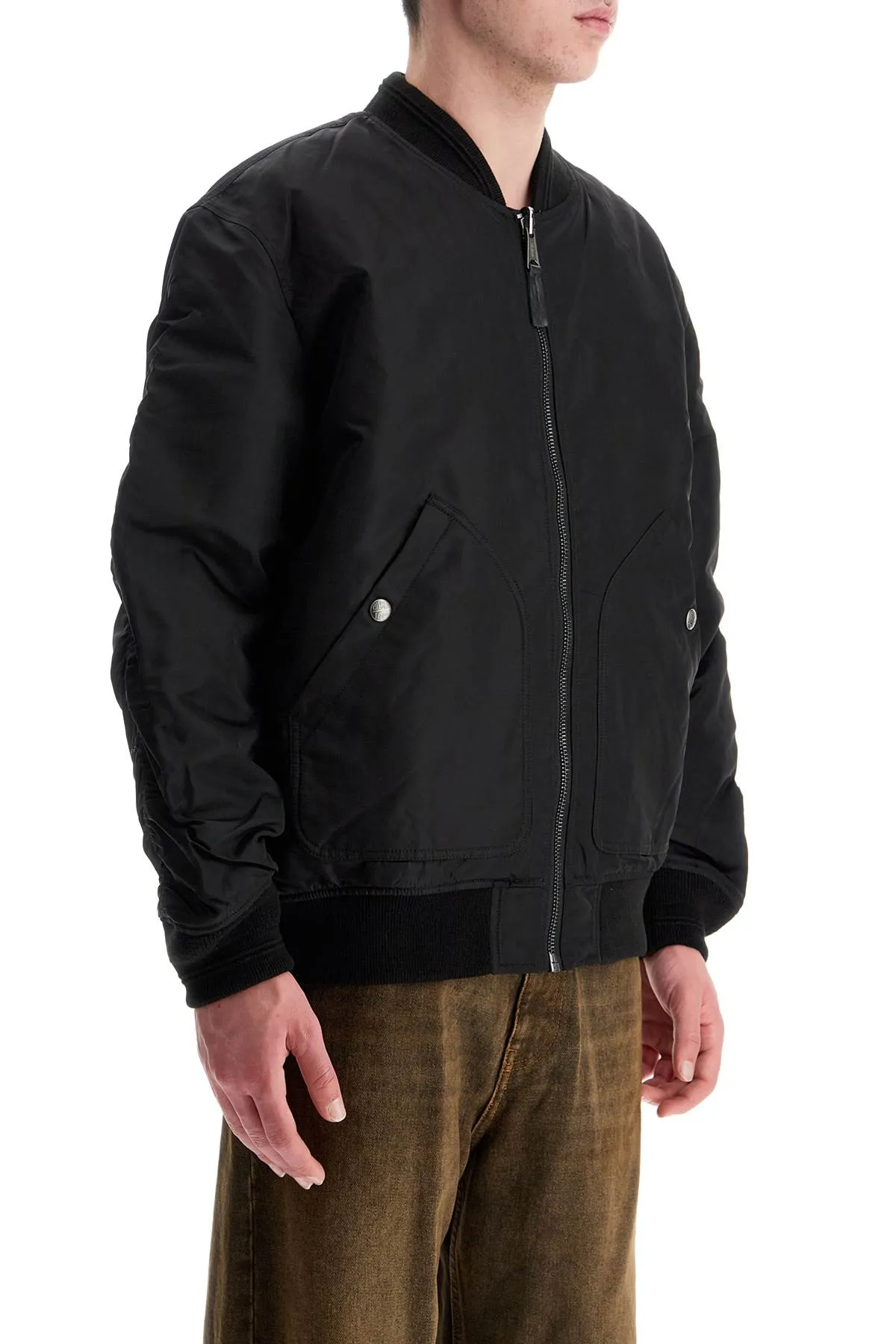 CLASSIC BLACK NYLON BOMBER JACKET WITH ZIP AND SIDE POCKETS