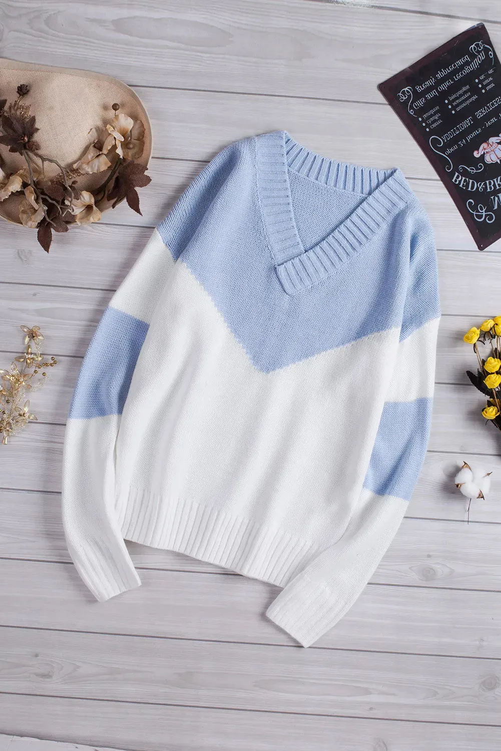 Colorblock V Neck Casual Sweater