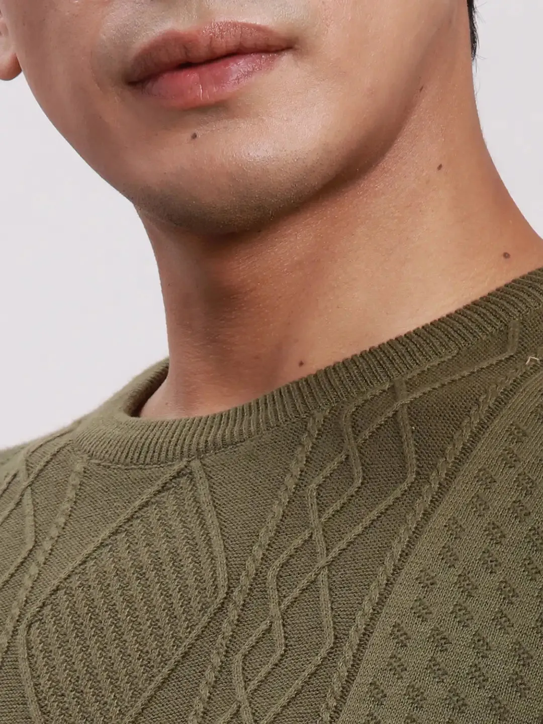 ColorPlus Men Green Tailored Fit Structure Cotton Full Sleeve V Neck Collar Sweaters